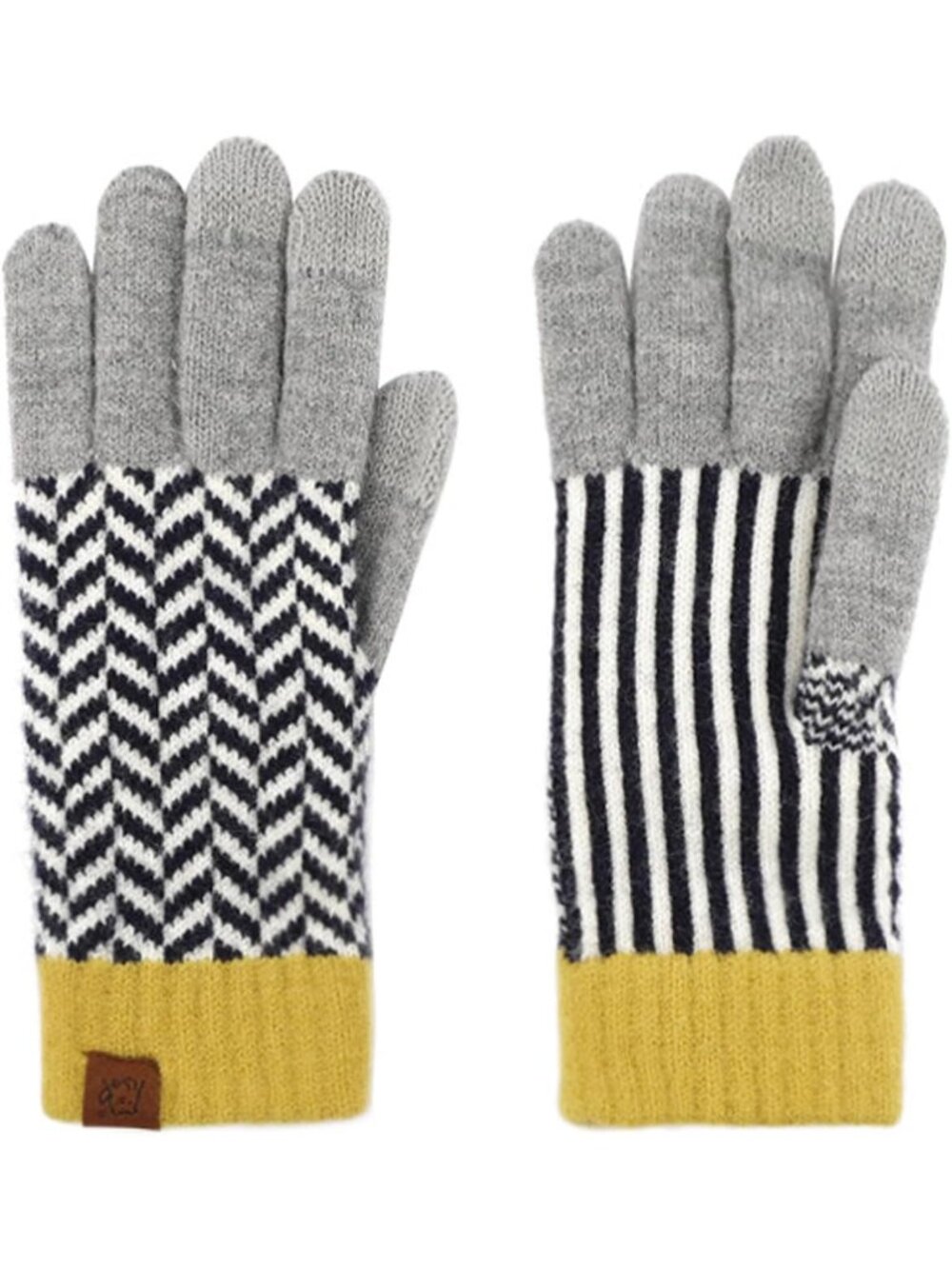 Women's Black-white Leaf Winter Touch Screen Cable Knit Mitten Warm Gloves